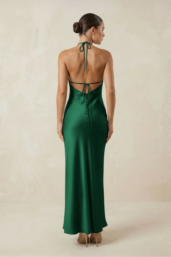 Halter Satin Sheath Midi Bridesmaid Dress in Green - KissProm Bridesmaid Dresses