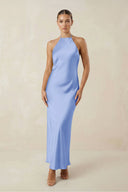 Halter Satin Sheath Midi Bridesmaid Dress in Ice - KissProm Bridesmaid Dresses