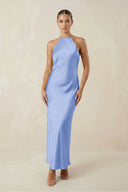 Halter Satin Sheath Midi Bridesmaid Dress in Ice - KissProm Bridesmaid Dresses
