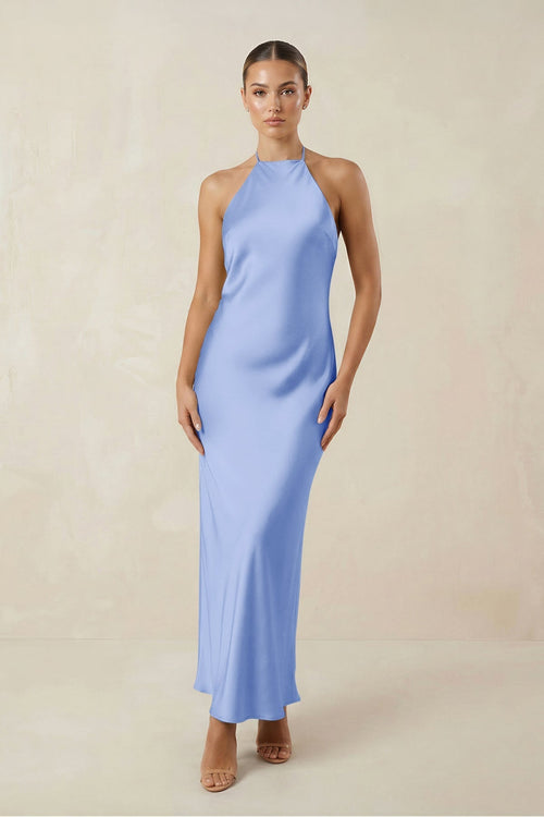 Halter Satin Sheath Midi Bridesmaid Dress in Ice - KissProm Bridesmaid Dresses