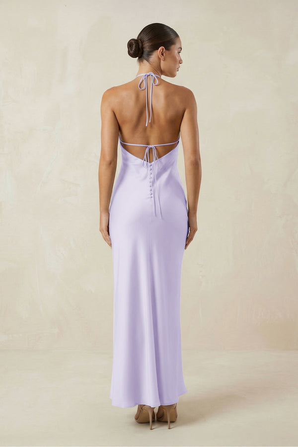 Halter Satin Sheath Midi Bridesmaid Dress in Lavender - KissProm Bridesmaid Dresses