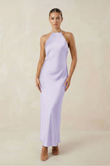 Halter Satin Sheath Midi Bridesmaid Dress in Lavender - KissProm Bridesmaid Dresses