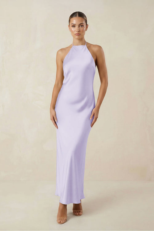 Halter Satin Sheath Midi Bridesmaid Dress in Lavender - KissProm Bridesmaid Dresses