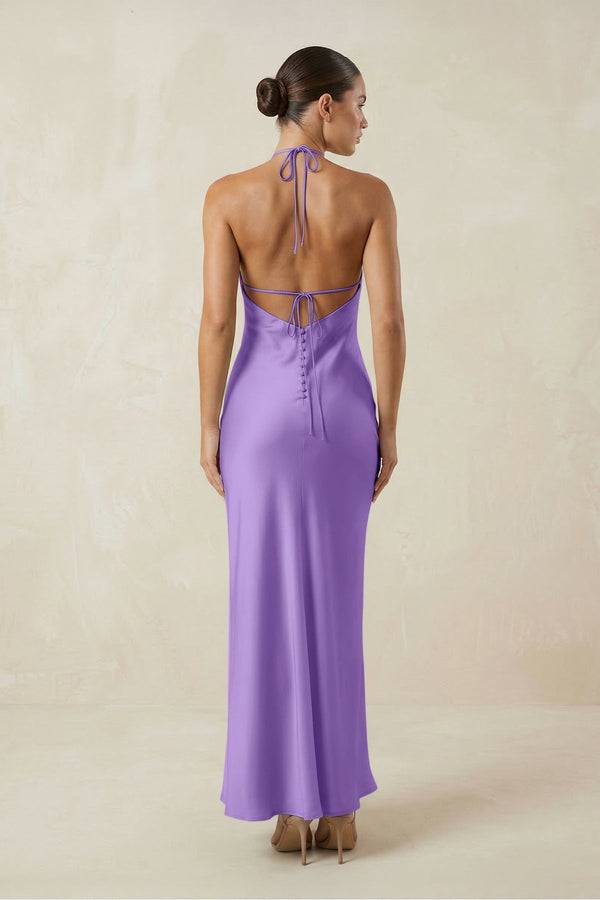 Halter Satin Sheath Midi Bridesmaid Dress in Lilac - KissProm Bridesmaid Dresses