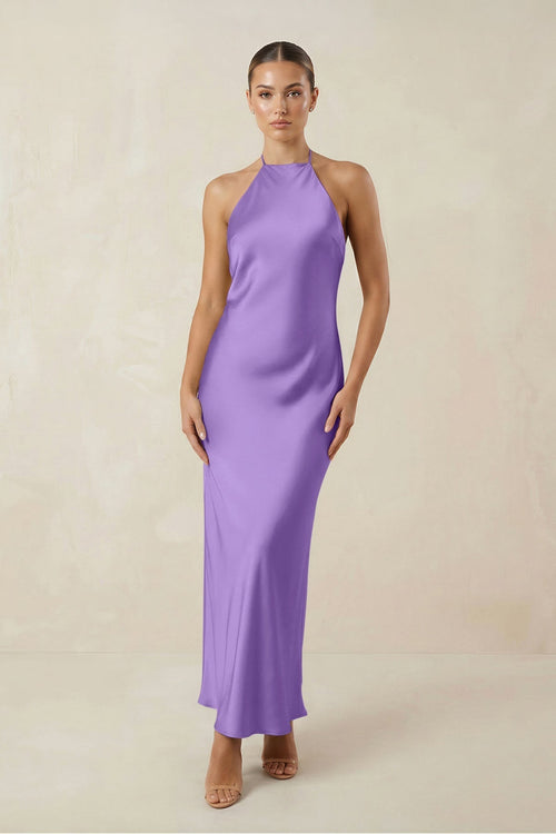 Halter Satin Sheath Midi Bridesmaid Dress in Lilac - KissProm Bridesmaid Dresses