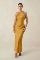 Halter Satin Sheath Midi Bridesmaid Dress in Marigold - KissProm Bridesmaid Dresses