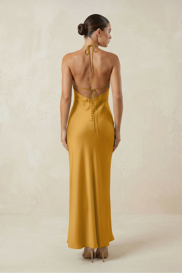 Halter Satin Sheath Midi Bridesmaid Dress in Marigold - KissProm Bridesmaid Dresses