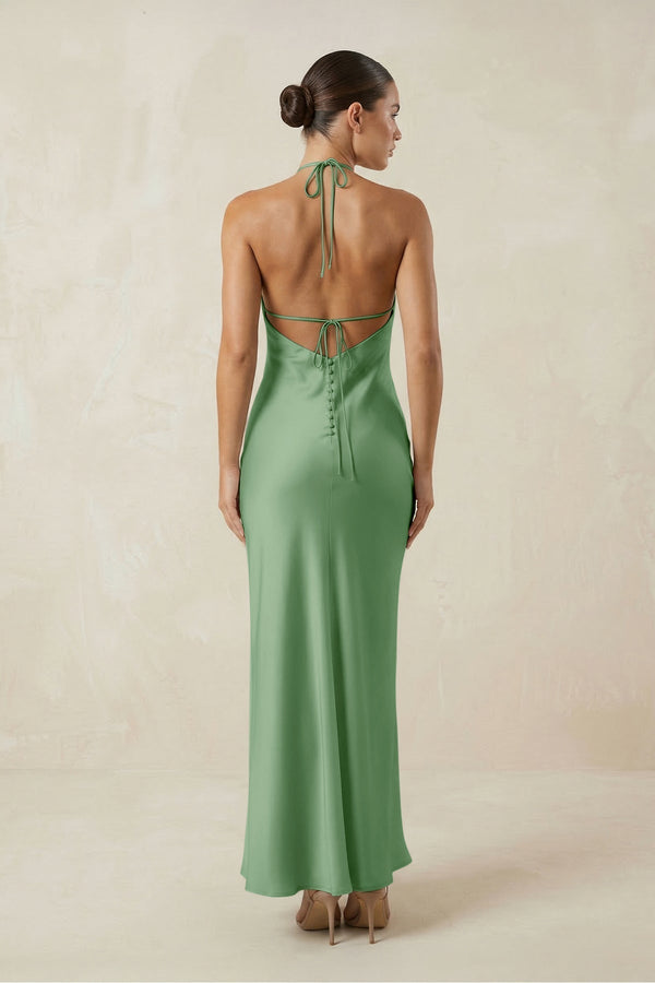 Halter Satin Sheath Midi Bridesmaid Dress in Matcha - KissProm Bridesmaid Dresses