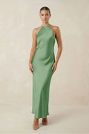 Halter Satin Sheath Midi Bridesmaid Dress in Matcha - KissProm Bridesmaid Dresses
