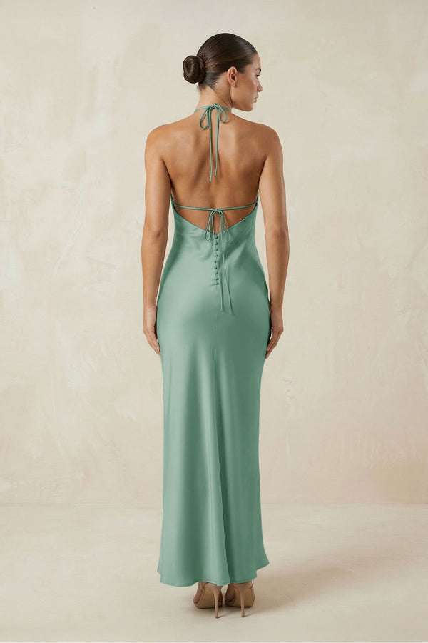 Halter Satin Sheath Midi Bridesmaid Dress in Mint Green - KissProm Bridesmaid Dresses