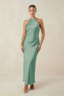 Halter Satin Sheath Midi Bridesmaid Dress in Mint Green - KissProm Bridesmaid Dresses