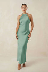 Halter Satin Sheath Midi Bridesmaid Dress in Mint Green - KissProm Bridesmaid Dresses