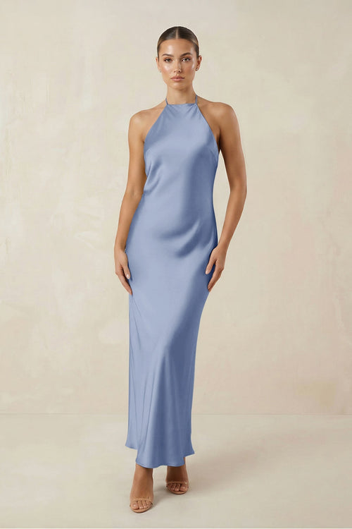 Halter Satin Sheath Midi Bridesmaid Dress in Mist - KissProm Bridesmaid Dresses
