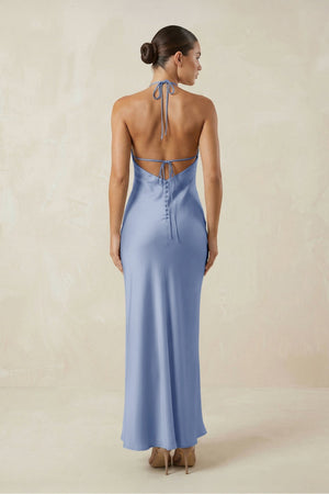 Halter Satin Sheath Midi Bridesmaid Dress in Mist - KissProm Bridesmaid Dresses