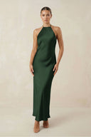 Halter Satin Sheath Midi Bridesmaid Dress in Moss - KissProm Bridesmaid Dresses