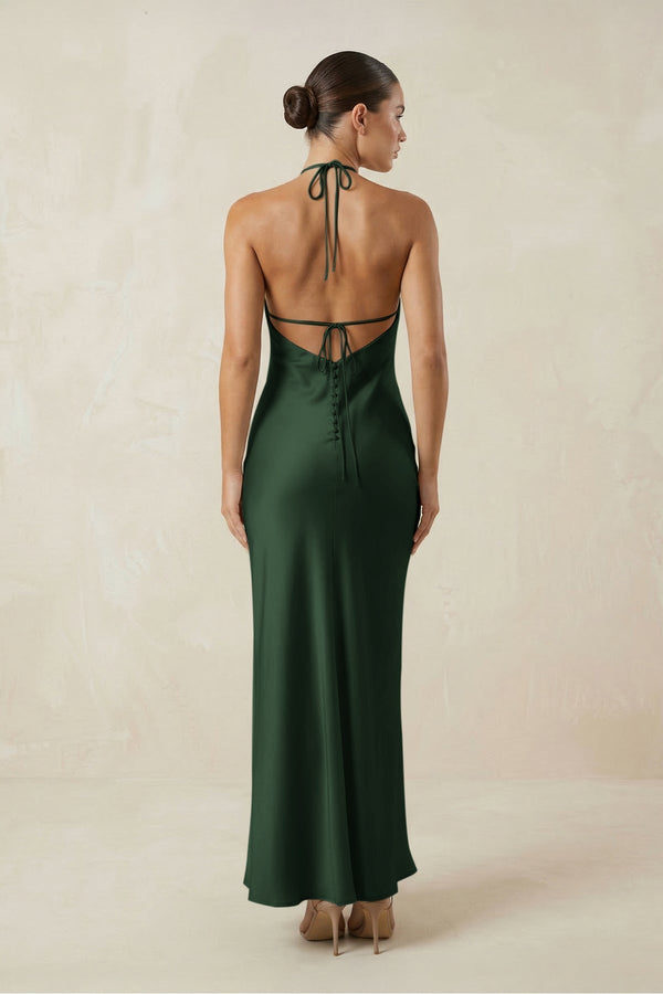 Halter Satin Sheath Midi Bridesmaid Dress in Moss - KissProm Bridesmaid Dresses