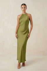 Halter Satin Sheath Midi Bridesmaid Dress in Moss Green - KissProm Bridesmaid Dresses