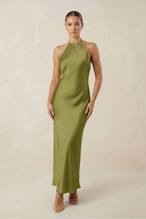 Halter Satin Sheath Midi Bridesmaid Dress in Moss Green - KissProm Bridesmaid Dresses