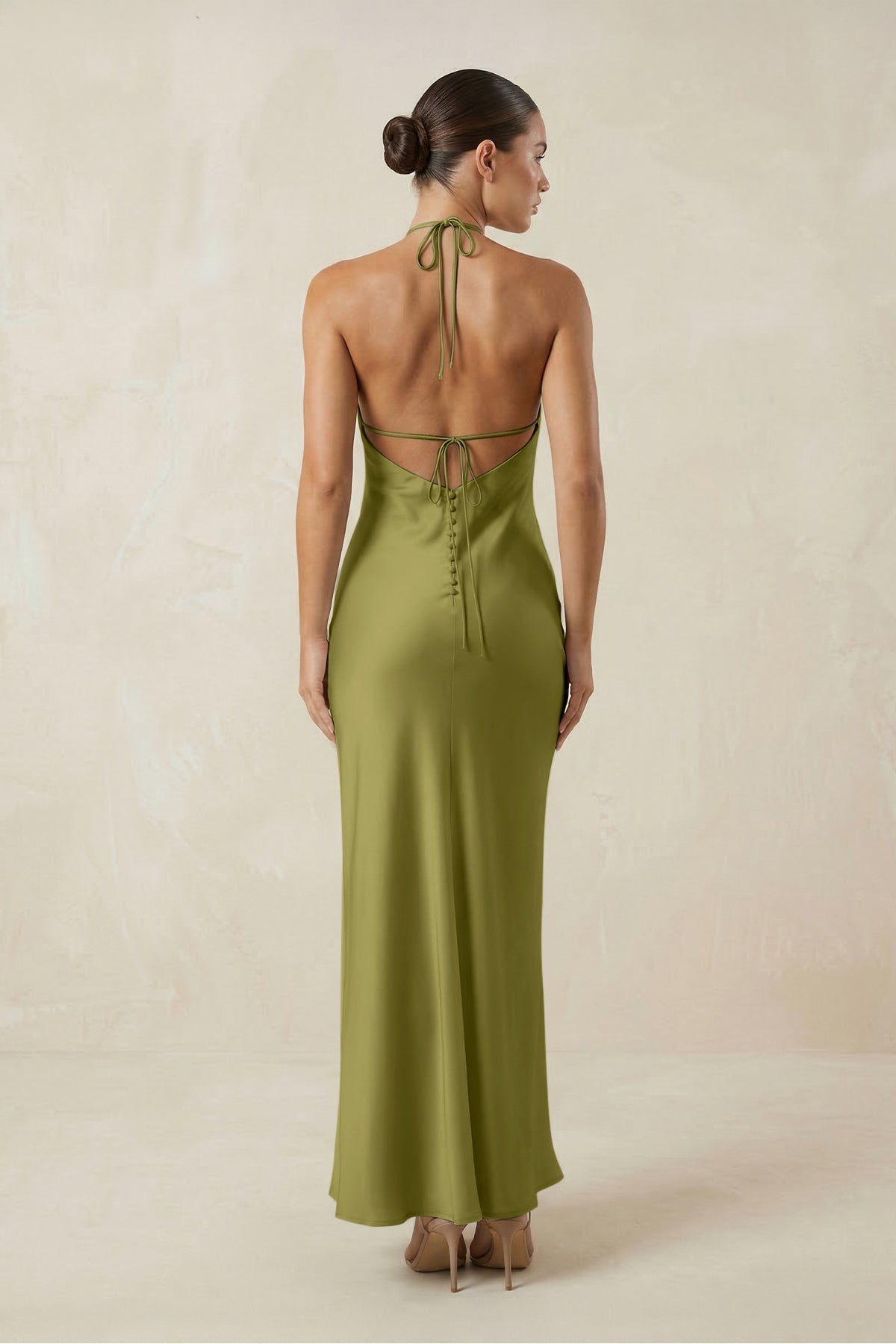 KissProm Halter Satin Sheath Midi Bridesmaid Dress in Moss Green, Moss Green / 30