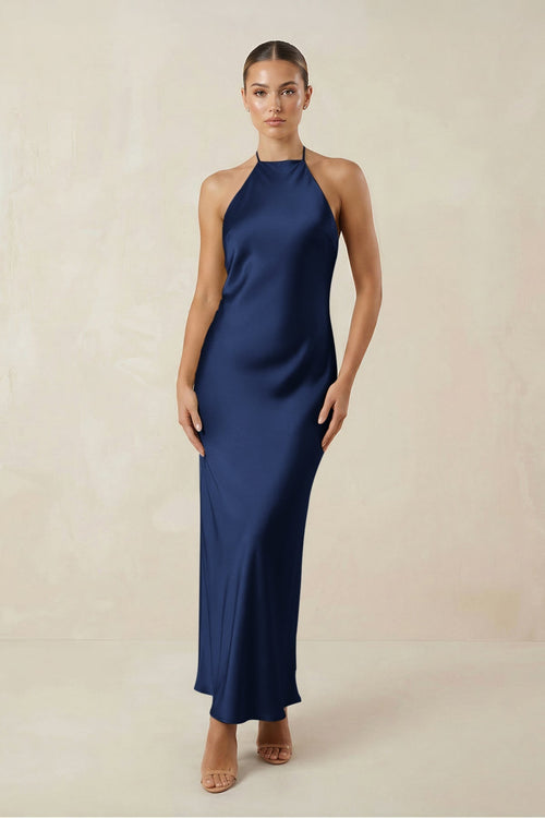 Halter Satin Sheath Midi Bridesmaid Dress in Navy - KissProm Bridesmaid Dresses