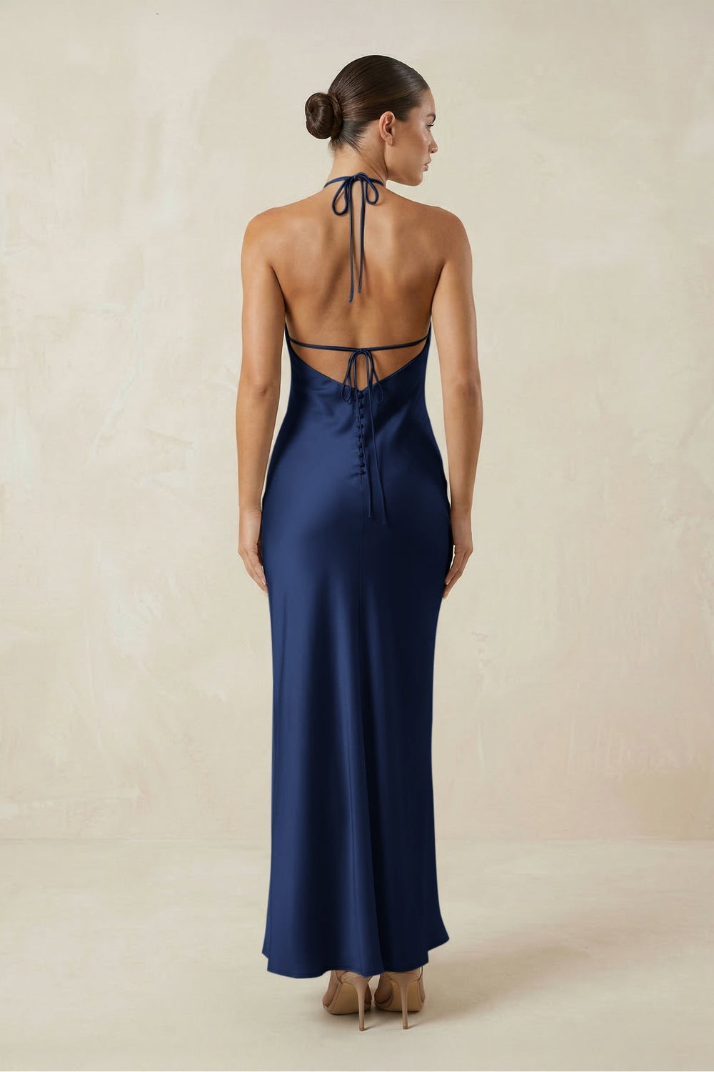 Halter Satin Sheath Midi Bridesmaid Dress in Navy - KissProm Bridesmaid Dresses