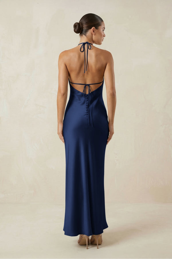 Halter Satin Sheath Midi Bridesmaid Dress in Navy - KissProm Bridesmaid Dresses