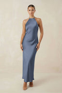 Halter Satin Sheath Midi Bridesmaid Dress in Neptune - KissProm Bridesmaid Dresses