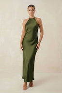Halter Satin Sheath Midi Bridesmaid Dress in Olive - KissProm Bridesmaid Dresses