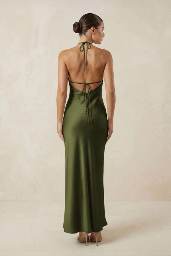 Halter Satin Sheath Midi Bridesmaid Dress in Olive - KissProm Bridesmaid Dresses