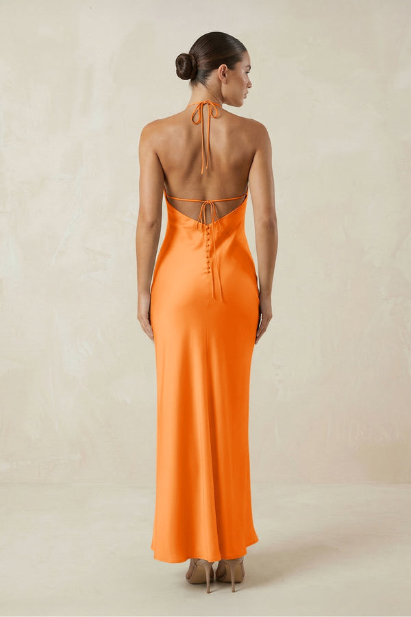 Halter Satin Sheath Midi Bridesmaid Dress in Orange - KissProm Bridesmaid Dresses