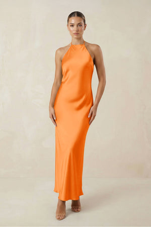 Halter Satin Sheath Midi Bridesmaid Dress in Orange - KissProm Bridesmaid Dresses