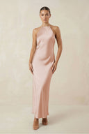 Halter Satin Sheath Midi Bridesmaid Dress in Pale Blush - KissProm Bridesmaid Dresses
