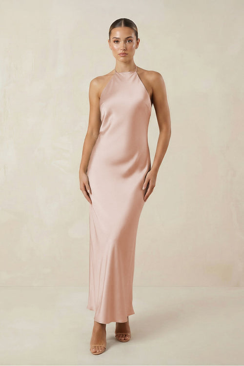 Halter Satin Sheath Midi Bridesmaid Dress in Pale Blush - KissProm Bridesmaid Dresses