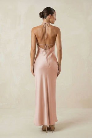 Halter Satin Sheath Midi Bridesmaid Dress in Pale Blush - KissProm Bridesmaid Dresses