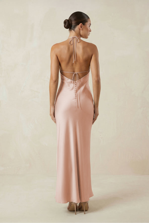 Halter Satin Sheath Midi Bridesmaid Dress in Pale Blush - KissProm Bridesmaid Dresses