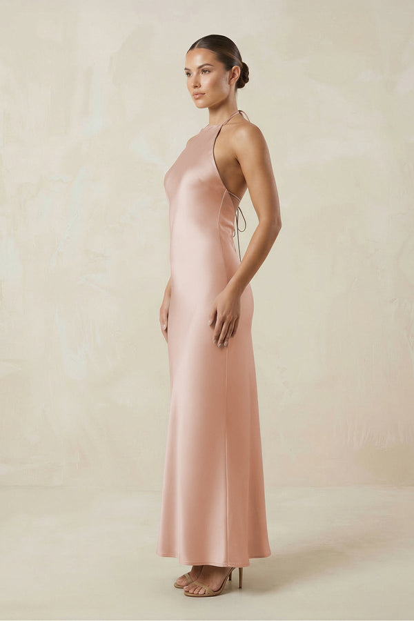 Halter Satin Sheath Midi Bridesmaid Dress in Pale Blush - KissProm Bridesmaid Dresses