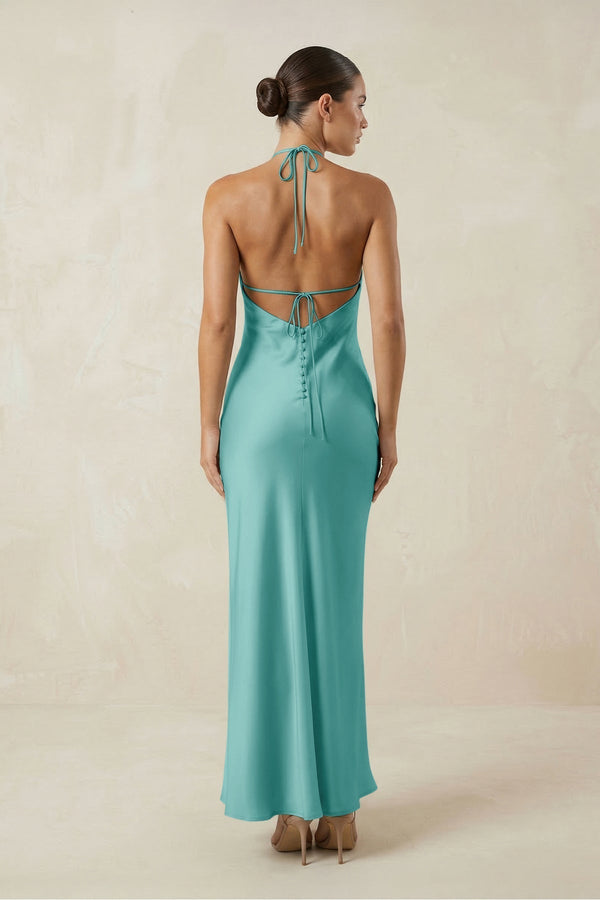 Halter Satin Sheath Midi Bridesmaid Dress in Pale Pistachio - KissProm Bridesmaid Dresses
