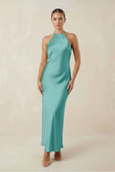 Halter Satin Sheath Midi Bridesmaid Dress in Pale Pistachio - KissProm Bridesmaid Dresses