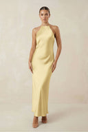 Halter Satin Sheath Midi Bridesmaid Dress in Pastel Yellow - KissProm Bridesmaid Dresses