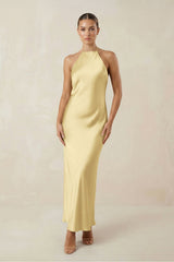 Halter Satin Sheath Midi Bridesmaid Dress in Pastel Yellow - KissProm Bridesmaid Dresses