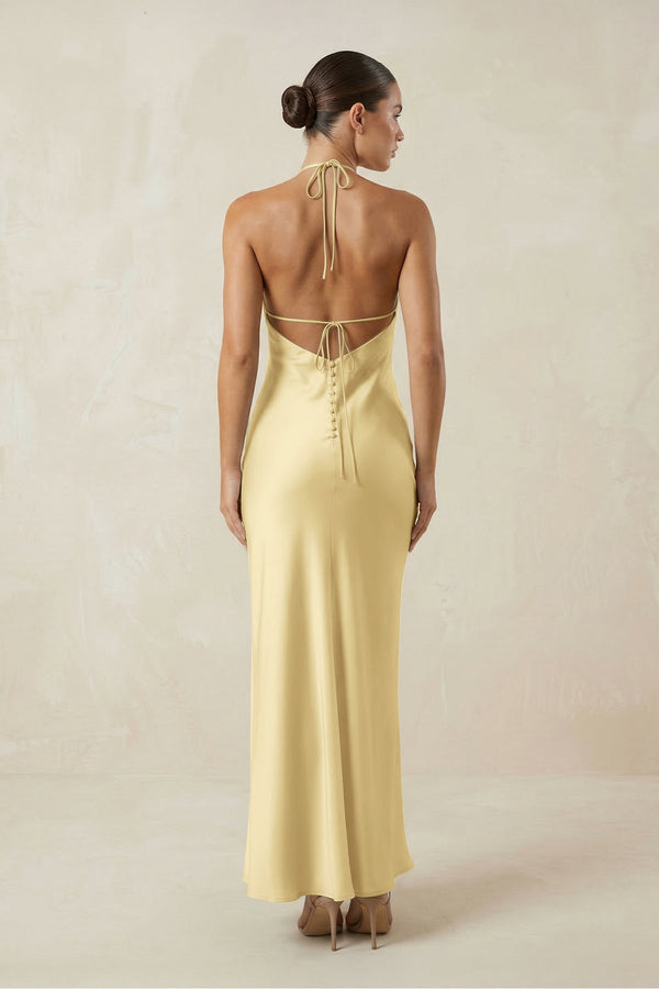 Halter Satin Sheath Midi Bridesmaid Dress in Pastel Yellow - KissProm Bridesmaid Dresses