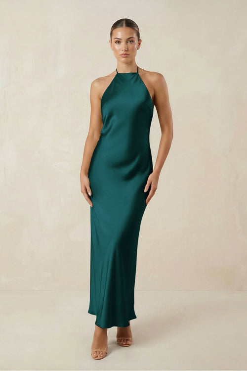 Halter Satin Sheath Midi Bridesmaid Dress in Pine - KissProm Bridesmaid Dresses