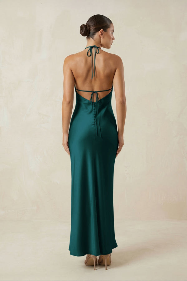Halter Satin Sheath Midi Bridesmaid Dress in Pine - KissProm Bridesmaid Dresses