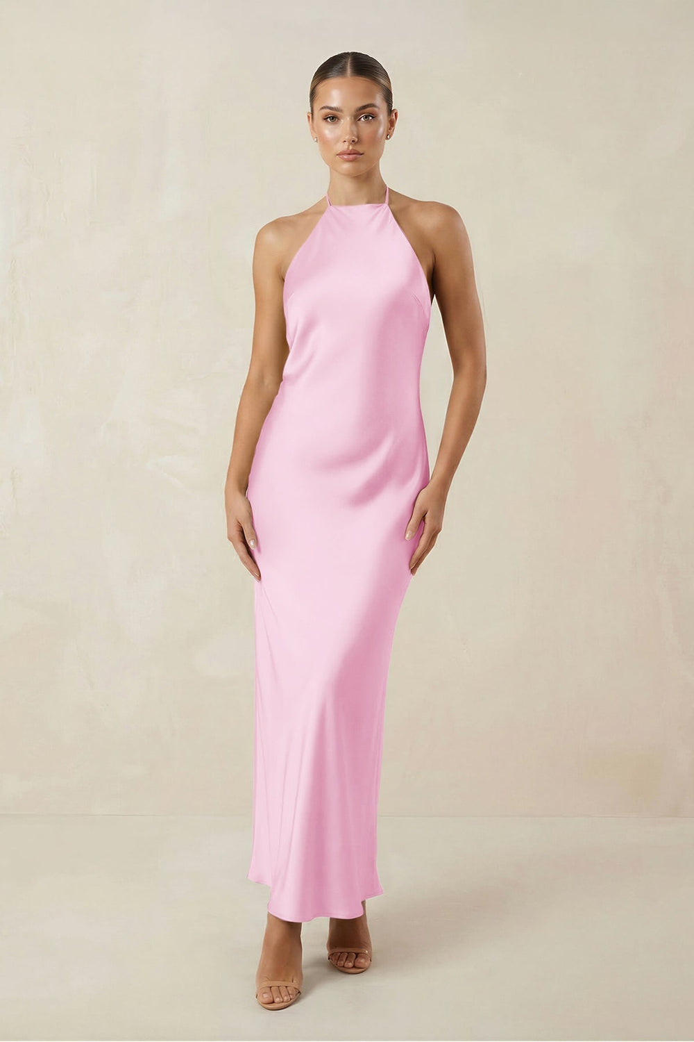 Halter Satin Sheath Midi Bridesmaid Dress in Pink - KissProm Bridesmaid Dresses