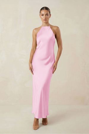 Halter Satin Sheath Midi Bridesmaid Dress in Pink - KissProm Bridesmaid Dresses