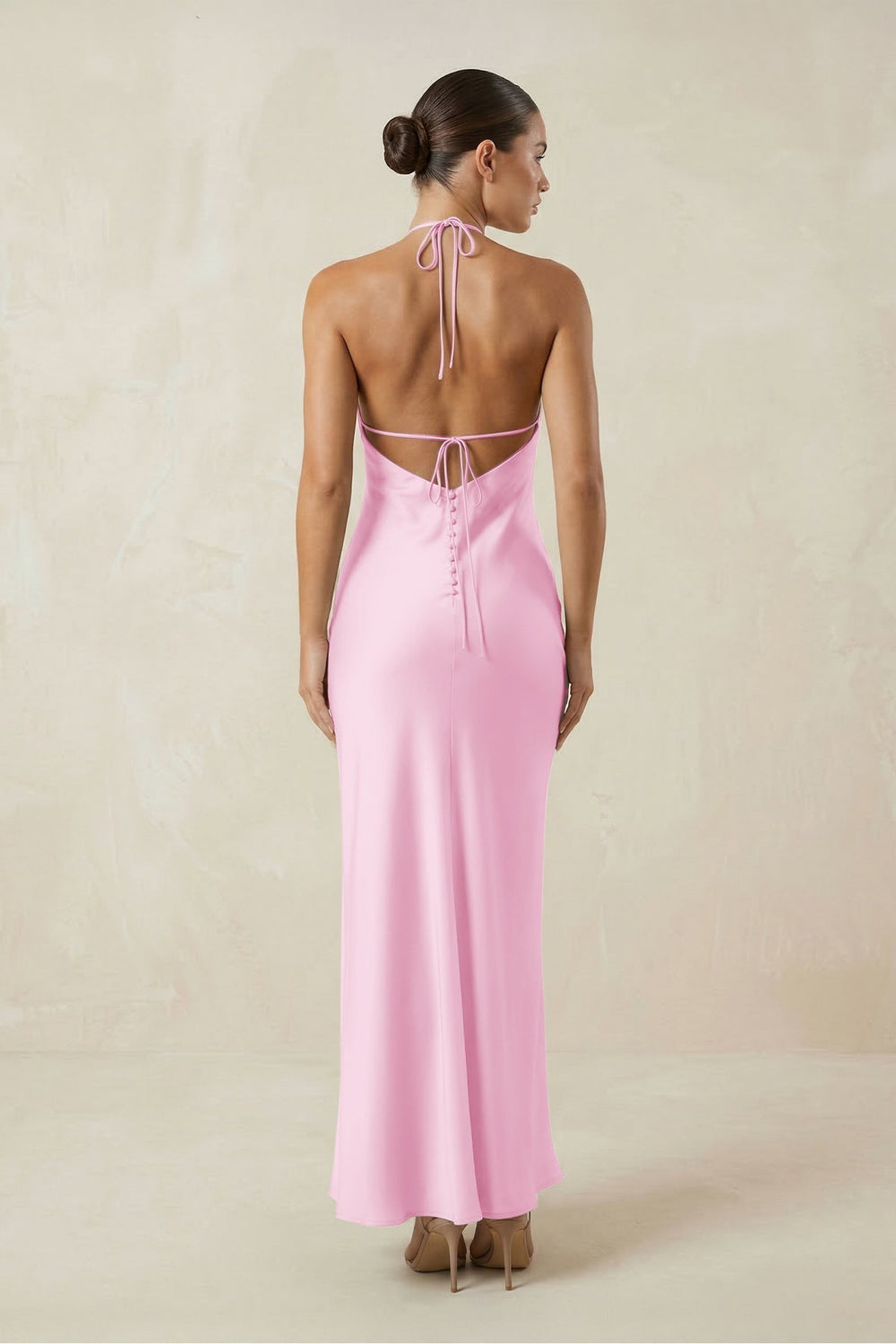 Halter Satin Sheath Midi Bridesmaid Dress in Pink - KissProm Bridesmaid Dresses