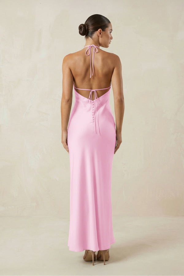 Halter Satin Sheath Midi Bridesmaid Dress in Pink - KissProm Bridesmaid Dresses
