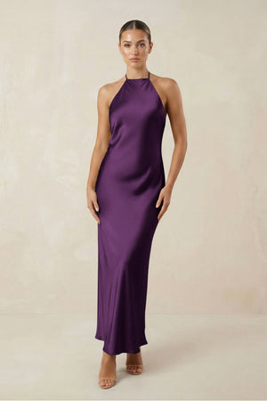 Halter Satin Sheath Midi Bridesmaid Dress in Plum - KissProm Bridesmaid Dresses