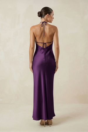 Halter Satin Sheath Midi Bridesmaid Dress in Plum - KissProm Bridesmaid Dresses
