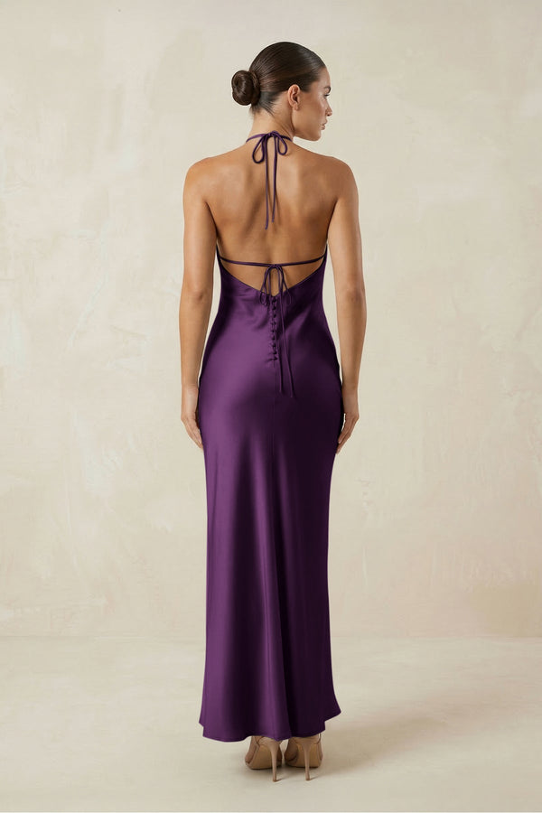 Halter Satin Sheath Midi Bridesmaid Dress in Plum - KissProm Bridesmaid Dresses
